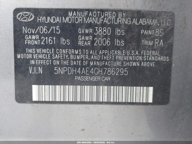 46053594 :رقم المزاد ، 5NPDH4AE4GH786295 vin ، 2016 Hyundai Elantra Se مزاد بيع