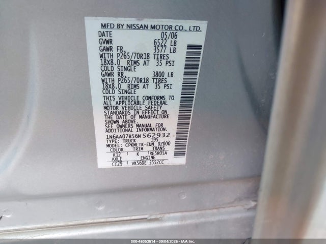 2006 Nissan Titan Se მანქანა იყიდება აუქციონზე, vin: 1N6AA07B56N562932, აუქციონის ნომერი: 46053614