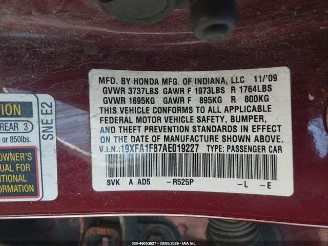 2010 Honda Civic Ex მანქანა იყიდება აუქციონზე, vin: 19XFA1F87AE019227, აუქციონის ნომერი: 46053627