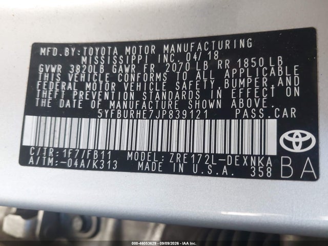 Продаж на аукціоні авто 2018 Toyota Corolla Le, vin: 5YFBURHE7JP839121, номер лоту: 46053629