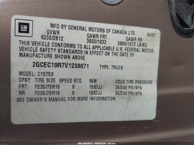 46053633 :رقم المزاد ، 2GCEC19R7V1238671 vin ، 1997 Chevrolet C1500 Fleetside مزاد بيع