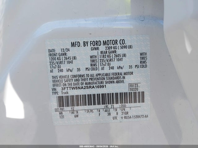 Aukcja sprzedaży 2025 Ford Maverick Tremor, vin: 3FTTW8NA2SRA16991, numer aukcji: 46053643