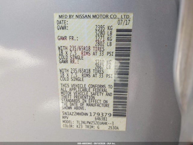 46053662 :رقم المزاد ، 5N1AZ2MH0HN179379 vin ، 2017 Nissan Murano S مزاد بيع
