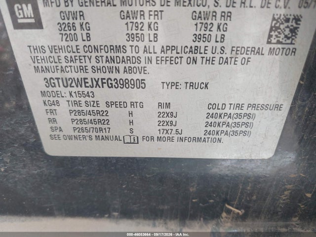 46053664 :رقم المزاد ، 3GTU2WEJXFG398905 vin ، 2015 Gmc Sierra 1500 Denali مزاد بيع