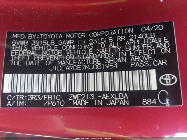 Toyota Corolla Hybrid Le 2021 JTDEAMDE7MJ001954 Image 9