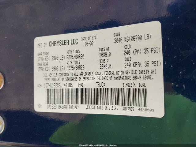 Продаж на аукціоні авто 2008 Dodge Ram 1500 Slt, vin: 1D7HU182X8J148185, номер лоту: 46053684