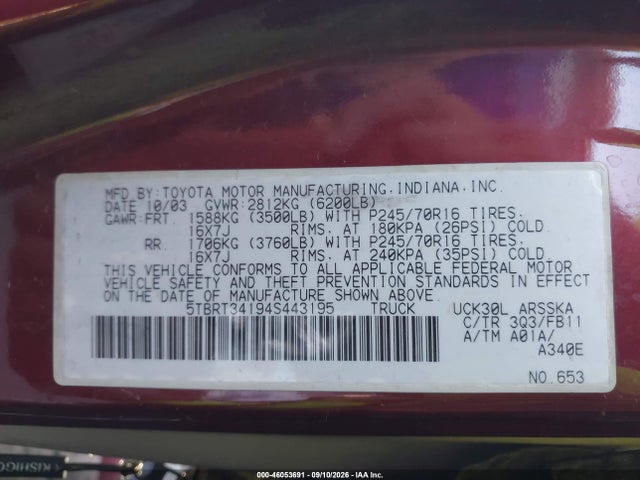 2004 Toyota Tundra Sr5 V8 მანქანა იყიდება აუქციონზე, vin: 5TBRT34194S443195, აუქციონის ნომერი: 46053691