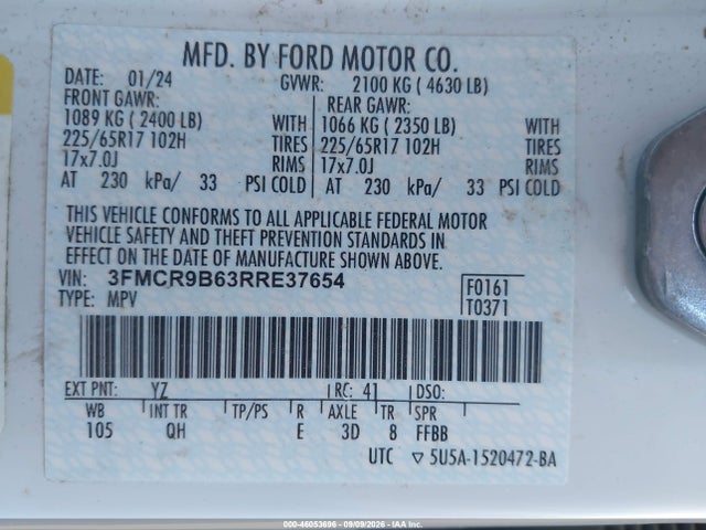 Продаж на аукціоні авто 2024 Ford Bronco Sport Big Bend, vin: 3FMCR9B63RRE37654, номер лоту: 46053696