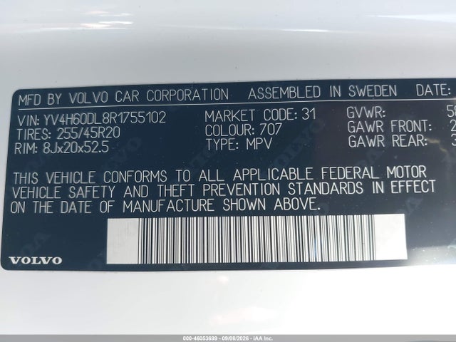 Aukcja sprzedaży 2024 Volvo Xc60 Recharge Plug-in Hybrid T8 Plus Dark Theme, vin: YV4H60DL8R1755102, numer aukcji: 46053699
