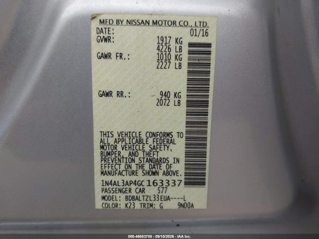 Aukcja sprzedaży 2016 Nissan Altima 2.5 Sl, vin: 1N4AL3AP4GC163337, numer aukcji: 46053708