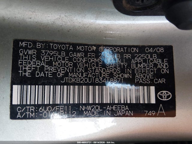 2008 Toyota Prius Standard მანქანა იყიდება აუქციონზე, vin: JTDKB20U183418871, აუქციონის ნომერი: 46053721