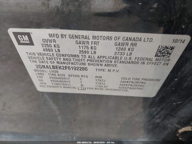 Продаж на аукціоні авто 2015 Chevrolet Equinox 1lt, vin: 2GNALBEK2F6192286, номер лоту: 46053726