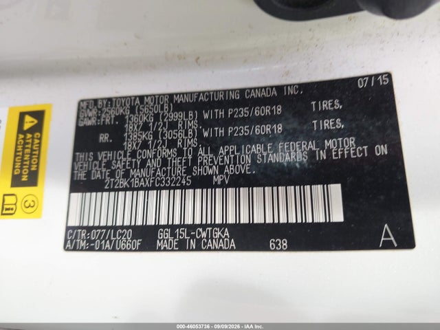 46053736 :رقم المزاد ، 2T2BK1BAXFC332245 vin ، 2015 Lexus Rx 350 مزاد بيع