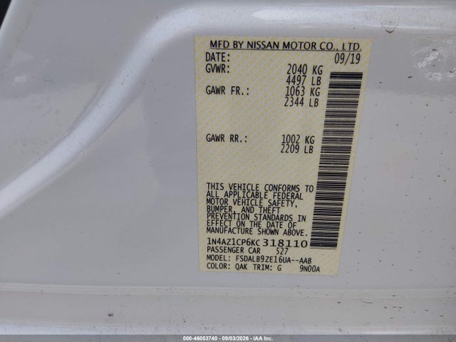 Aukcja sprzedaży 2019 Nissan Leaf S, vin: 1N4AZ1CP6KC318110, numer aukcji: 46053740