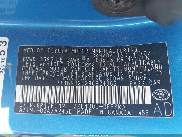 Aukcja sprzedaży 2008 Toyota Corolla S, vin: 2T1BR32E38C924362, numer aukcji: 46053751
