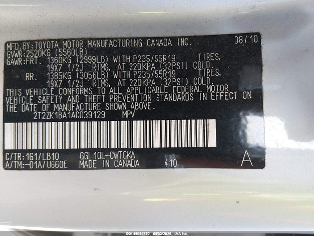 Aukcja sprzedaży 2010 Lexus Rx 350, vin: 2T2ZK1BA1AC039129, numer aukcji: 46053752