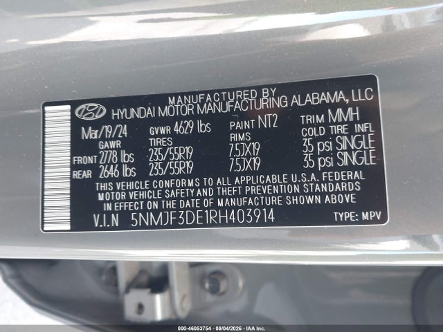 46053754 :رقم المزاد ، 5NMJF3DE1RH403914 vin ، 2024 Hyundai Tucson Sel مزاد بيع