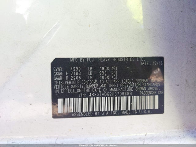 46053784 :رقم المزاد ، 4S3GTAD62H3709498 vin ، 2017 Subaru Impreza 2.0i Premium مزاد بيع