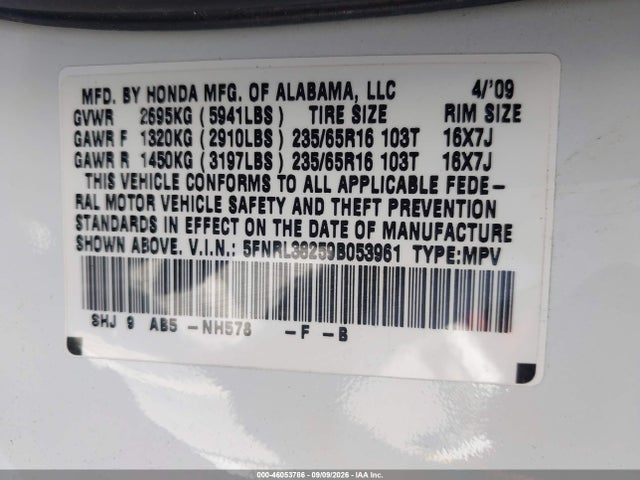 2009 Honda Odyssey Lx მანქანა იყიდება აუქციონზე, vin: 5FNRL38259B053961, აუქციონის ნომერი: 46053786