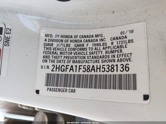 2010 Honda Civic Lx მანქანა იყიდება აუქციონზე, vin: 2HGFA1F58AH538136, აუქციონის ნომერი: 46053808