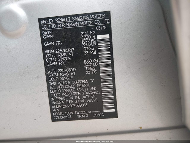 Aukcja sprzedaży 2018 Nissan Rogue Sv, vin: KNMAT2MV0JP569663, numer aukcji: 46053810