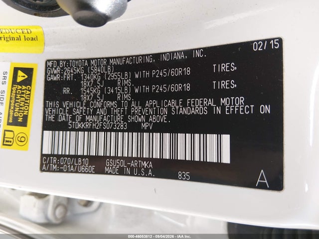 Toyota Highlander Xle V6 2015 5TDKKRFH2FS073283 Image 9
