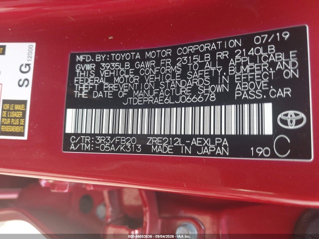 46053836 :رقم المزاد ، JTDEPRAE6LJ066678 vin ، 2020 Toyota Corolla Le مزاد بيع