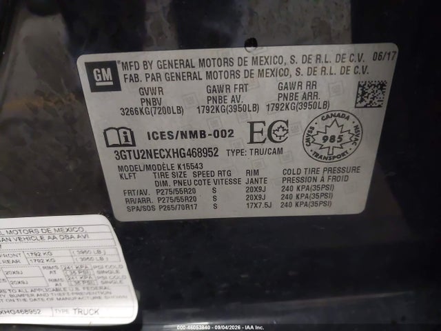 Aukcja sprzedaży 2017 Gmc Sierra 1500 Slt, vin: 3GTU2NECXHG468952, numer aukcji: 46053840