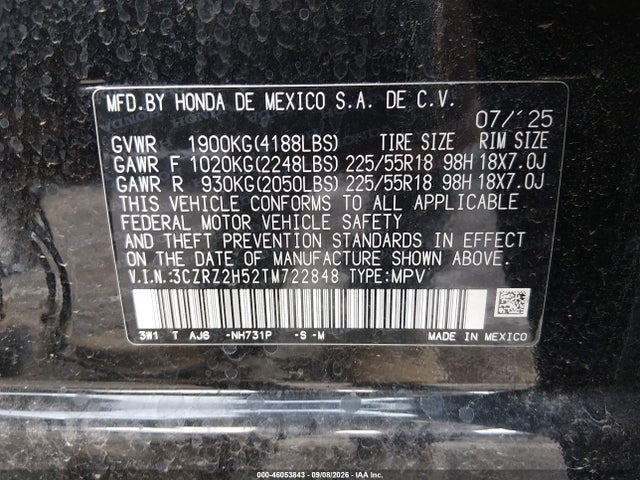 Продаж на аукціоні авто 2026 Honda Hr-v Awd Sport, vin: 3CZRZ2H52TM722848, номер лоту: 46053843