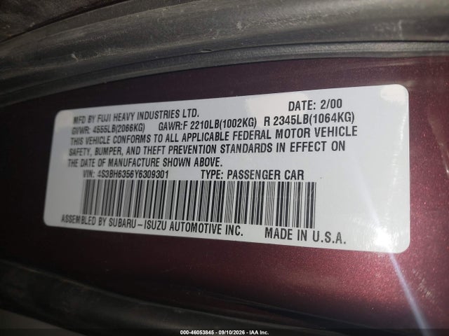 Aukcja sprzedaży 2000 Subaru Legacy L, vin: 4S3BH6356Y6309301, numer aukcji: 46053845