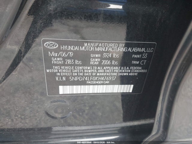 Продажа на аукционе авто 2019 Hyundai Elantra Se, vin: 5NPD74LF0KH476937, номер лота: 46053846