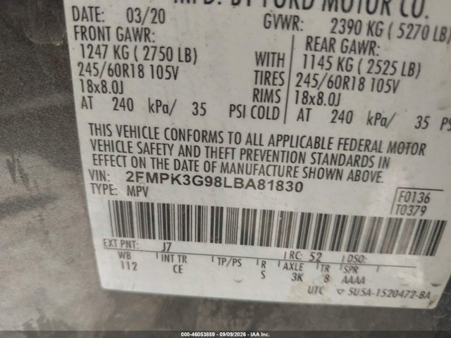 2020 Ford Edge Se მანქანა იყიდება აუქციონზე, vin: 2FMPK3G98LBA81830, აუქციონის ნომერი: 46053859
