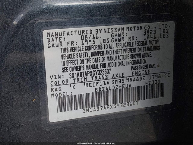 Продажа на аукционе авто 2016 Nissan Sentra Sv, vin: 3N1AB7APXGY323607, номер лота: 46053869