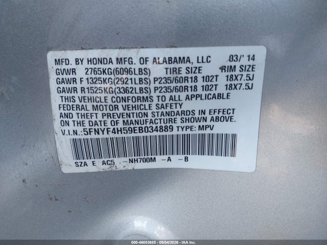 2014 Honda Pilot Ex-l მანქანა იყიდება აუქციონზე, vin: 5FNYF4H59EB034889, აუქციონის ნომერი: 46053885