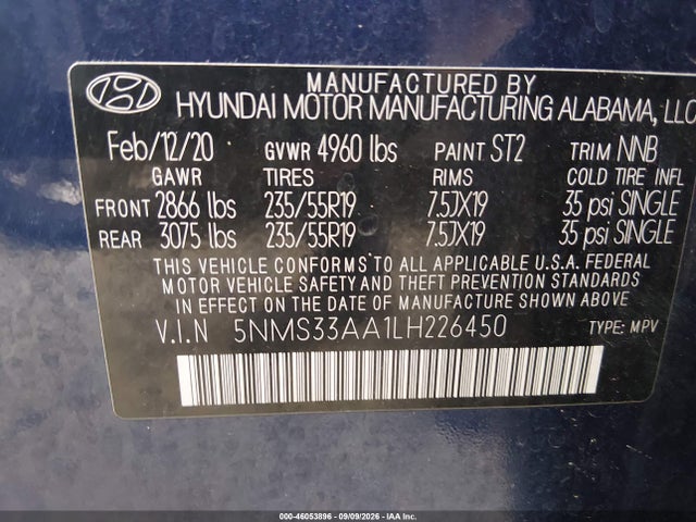 Продажа на аукционе авто 2020 Hyundai Santa Fe Sel 2.0t, vin: 5NMS33AA1LH226450, номер лота: 46053896