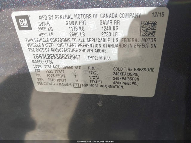 46053912 :رقم المزاد ، 2GNALBEK3G6226947 vin ، 2016 Chevrolet Equinox Ls مزاد بيع