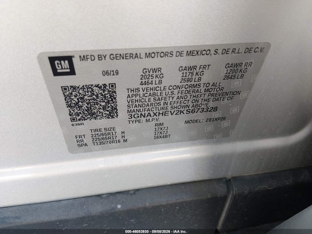 46053930 :رقم المزاد ، 3GNAXHEV2KS673328 vin ، 2019 Chevrolet Equinox Ls مزاد بيع