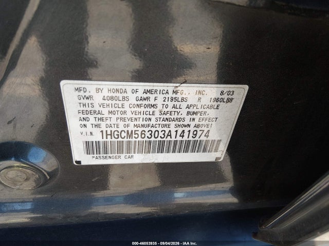 2003 Honda Accord 2.4 Lx მანქანა იყიდება აუქციონზე, vin: 1HGCM56303A141974, აუქციონის ნომერი: 46053935