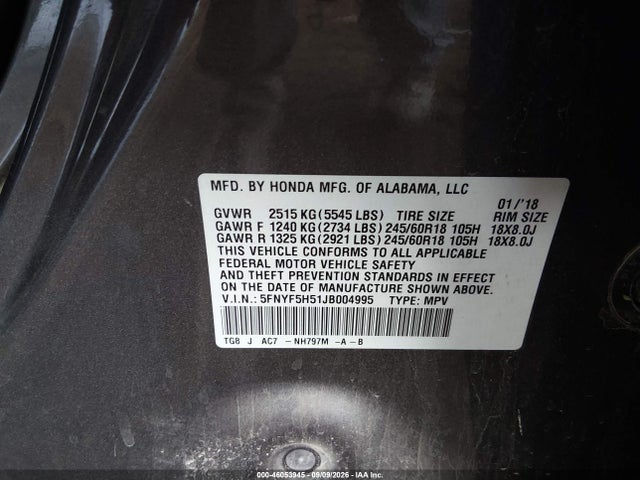 5FNYF5H51JB004995 Honda Pilot Ex-l