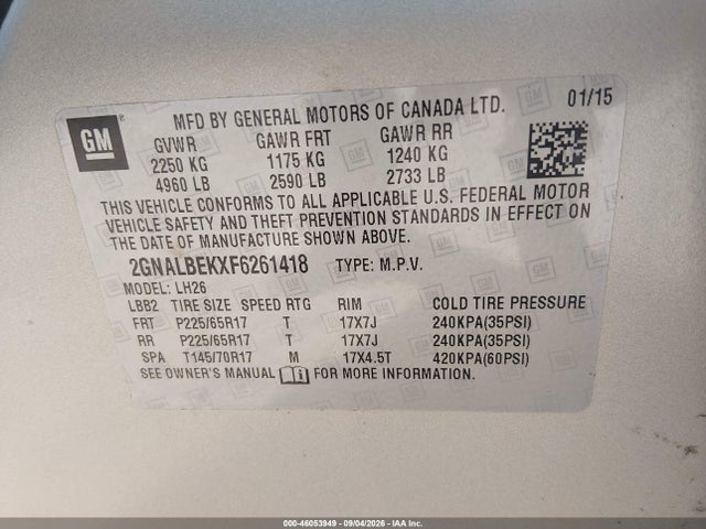Продаж на аукціоні авто 2015 Chevrolet Equinox 1lt, vin: 2GNALBEKXF6261418, номер лоту: 46053949