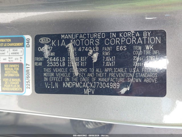 2018 Kia Sportage Lx მანქანა იყიდება აუქციონზე, vin: KNDPMCACXJ7304989, აუქციონის ნომერი: 46053962