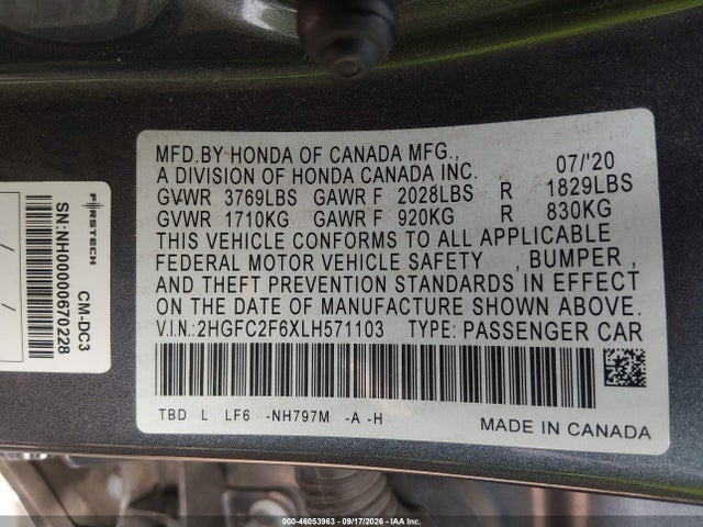 46053963 :رقم المزاد ، 2HGFC2F6XLH571103 vin ، 2020 Honda Civic Lx مزاد بيع