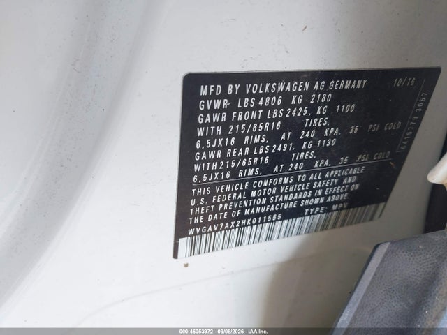 Aukcja sprzedaży 2017 Volkswagen Tiguan 2.0t/2.0t S, vin: WVGAV7AX2HK011555, numer aukcji: 46053972