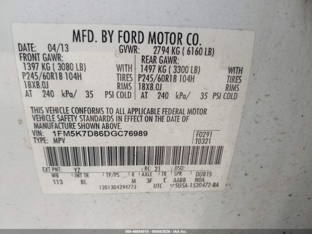 Aukcja sprzedaży 2013 Ford Explorer Xlt, vin: 1FM5K7D86DGC76989, numer aukcji: 46054010