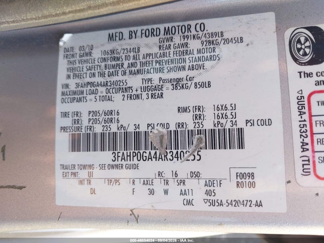 46054024 :رقم المزاد ، 3FAHP0GA4AR340255 vin ، 2010 Ford Fusion S مزاد بيع