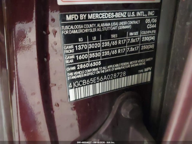 46054027 :رقم المزاد ، 4JGCB65E56A028728 vin ، 2006 Mercedes-benz R 350 4matic مزاد بيع