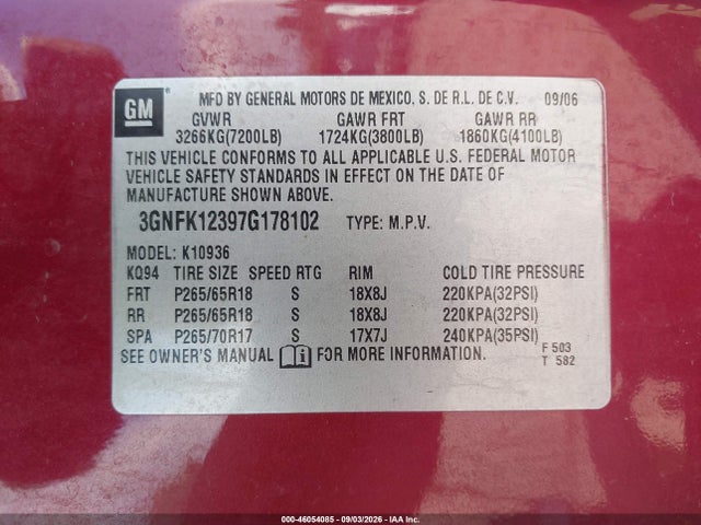 Aukcja sprzedaży 2007 Chevrolet Avalanche 1500 Lt, vin: 3GNFK12397G178102, numer aukcji: 46054085