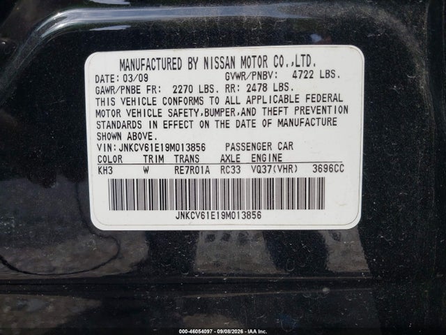 2009 Infiniti G37 Journey მანქანა იყიდება აუქციონზე, vin: JNKCV61E19M013856, აუქციონის ნომერი: 46054097