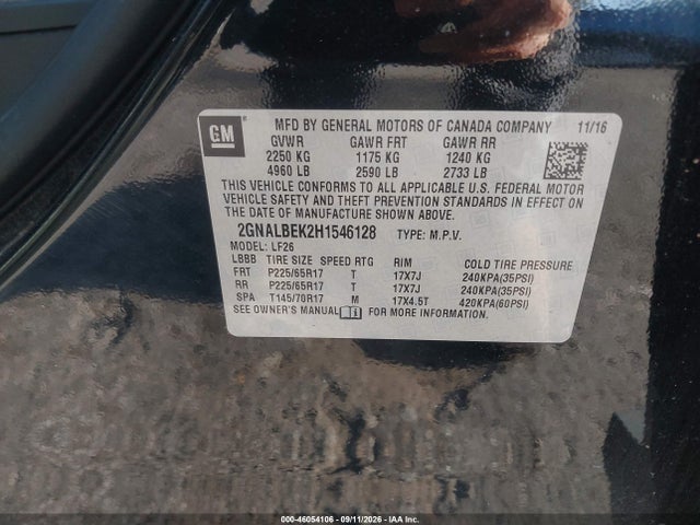 46054106 :رقم المزاد ، 2GNALBEK2H1546128 vin ، 2017 Chevrolet Equinox Ls مزاد بيع