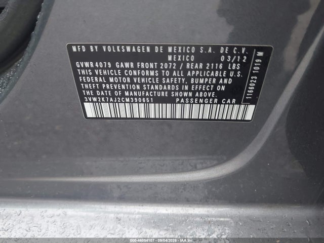 Aukcja sprzedaży 2012 Volkswagen Jetta 2.0l S, vin: 3VW2K7AJ2CM390651, numer aukcji: 46054107